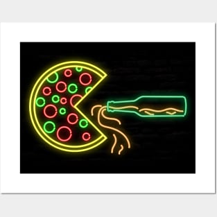 Packman Pizza Drinking Beer Neon Posters and Art